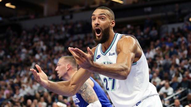Minnesota Timberwolves center Rudy Gobert (27) reacts to a call during the first half against the LA Clippers at Target Center.